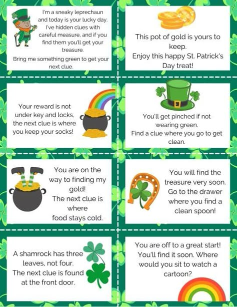 St Patrick's Day Scavenger Hunt Free Printable, St Patrick's Day Party Ideas For Kids, Leprechaun Scavenger Hunt Clues, St Patty’s Day Toddler Activities, Shamrock Scavenger Hunt, St Patricks Day Leprechaun Hunt, St Patrick's Day With Kids, St Patrick’s Day Treasure Hunt Free, Saint Patricks Day Ideas For Kids