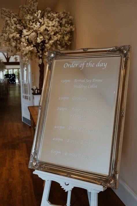 Mirrored order of the day wedding sign in gold frame on white easel at Tredudwell Manor | Alexa Poppe Wedding Order Of The Day Mirror, Groom And Groomsmen Outfits, Rustic Wedding Signage, Order Of The Day Wedding, Gold Wedding Signs, Reception Drink, Wedding Mirror, Notice Boards, Gold Framed Mirror