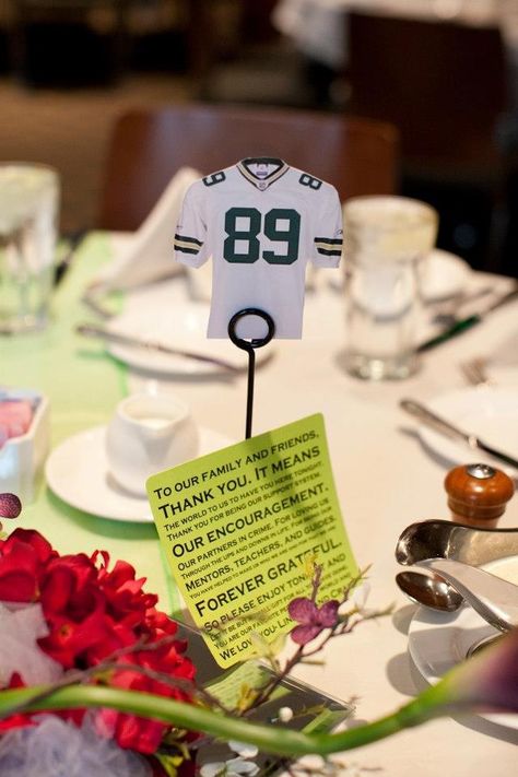 Used football jerseys as table numbers (our wedding reception was at Lambeau field) Tailgate Wedding Reception, Football Themed Wedding Reception, Football Wedding Ideas, Soccer Wedding, Football Wedding Theme, Football Centerpieces, Football Athlete, Hockey Wedding, Sports Themed Wedding