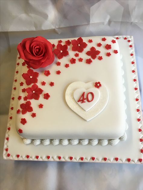 Ruby Cake 40th Anniversary, Anniversary Cake Square, Simple Anniversary Cakes, 40th Wedding Anniversary Cake, Yas Pasta, Square Cake Design, Ruby Cake, Anniversary Cake Designs, Baking Store