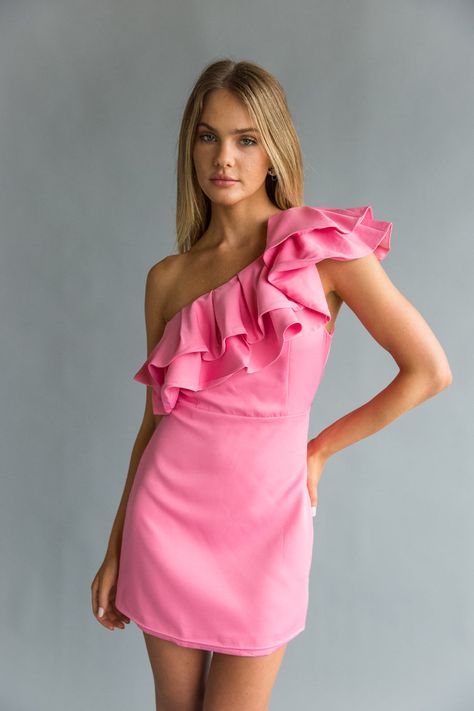 pink-image Ruffle Off The Shoulder Dress, Homecoming Dress Ruffle, Ruffle One Shoulder Dress, Sorority Rush Pref Dress, Hoco Dresses One Shoulder, Sophomore Hoco Dresses, Easter Hoco Dress, Fun Hoco Dresses Short, Ruffle Hoco Dress