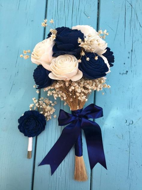 Navy Blue Wedding Bouquets, Navy Blue Bouquet, Navy Bouquet, Wedding Vow Renewal Ceremony, Wood Flower Bouquet, Bridal Packages, Bouquet Toss, Blue Bouquet, Burlap Wedding