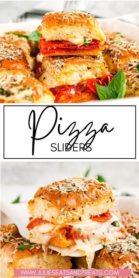 Quick and easy pizza sliders have layers of cheese, pizza sauce, pepperoni inside a sweet Hawaiian slider bun that's brushed with Parmesan cheese. They are so easy to make for a quick dinner recipe or perfect for party food. Easy Pizza Sliders, Pepperoni Pizza Sliders, Pizza Sliders, Pizza Slider, Yummy Sandwiches, Small Bites Appetizers, Sunday Lunches, Family Dinner Night, Pasta Alternative