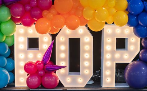 POP Marquee letters with colorful balloons Library Fundraiser, Management Design, Fundraising Gala, Party Planners, Party Planner, Corporate Events, Event Design, Event Planning, Pop Culture