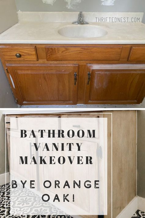 Update that builder grade vanity. Learn how to sand, and apply liming wax to a bathroom vanity. An easy bathroom update on a budget. In this DIY bathroom makeover, I updated an oak bathroom vanity. Sand And Stain Bathroom Vanity, Milk Paint Bathroom Vanity, Update Old Oak Bathroom Vanity, White Wash Bathroom Cabinets, Painting Oak Bathroom Vanity, Vintage Bathroom Vanity Makeover, Liming Wax On Oak Cabinets Diy, Vanity Makeover Diy Bathroom, Liming Wax Before And After