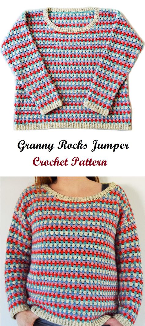 Jumper Crochet Pattern – Tutorials & More Granny Go Round Jumper Free Pattern, Granny Stripe Sweater, Granny Stitch Sweater, Crochet Toddler Sweater, Jumper Crochet Pattern, Jumper Crochet, Granny Stripe, Striped Crochet Blanket, Crochet Crown