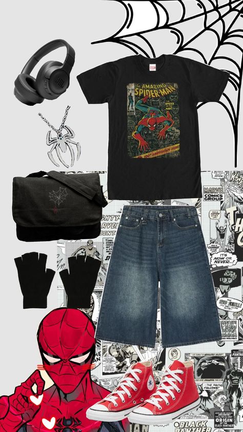 spiderman outfit Men Aesthetic Outfits, Spiderman Themed Outfits, Outfit Shuffles, Spiderman Fits, Spiderman Outfit, Spiderman Fit, Aesthetic 2024, Charity Shops, Outfit Inspo Casual