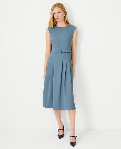 The Pleated Belted Crew Neck Dress in Fluid Crepe Ann Taylor Loft Outfits, Ann Taylor Outfits, Minimalist Work Outfit, Ann Taylor Outfit, Extra Dresses, Tweed Shift Dress, Crew Neck Dress, Fashion For Petite Women, Crewneck Dress