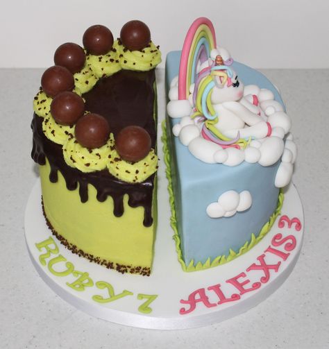 Split Cake, Double Theme Cake, Double Celebration Cake, Split Birthday Cake, Split Cake Design, Double Birthday Cake, Quadruple Chocolate Cake, Novelty Cakes, Cake Designs