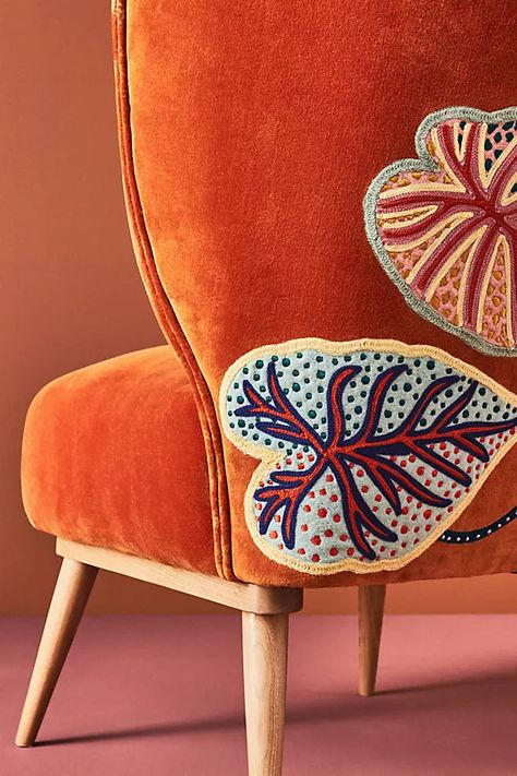 Sarah Gordon Velvet Rug Accent Chair | Anthropologie UK Anthropologie Accent Chair, Anthropologie Armchair, Anthropologie Home Decor, Sarah Gordon, Handbag Inspiration, Orange Armchair, Velvet Rug, Hand Painted Chairs, Funky Chairs