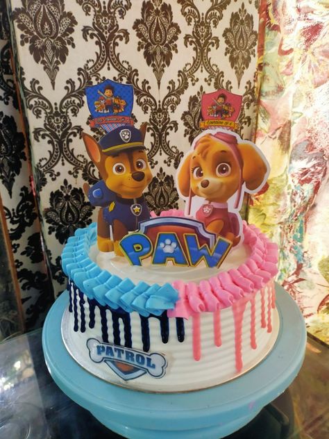 Paw Patrol Twins Birthday Cake, Paw Patrol Cake For Twins, Paw Patrol Party Cake Ideas, Paw Patrol Drip Cake, Simple Paw Patrol Cake, Paw Patrol Chase Cake, Paw Patrol Party Cake, Paw Patrol Birthday Cake Boys, Pastel Paw Patrol