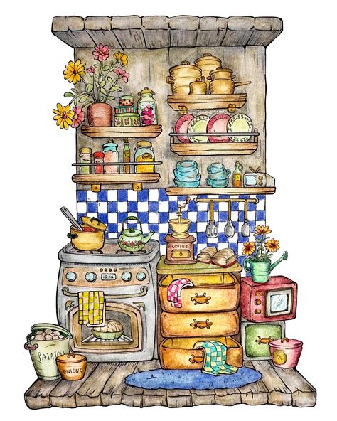 Cottage Kitchen Drawing, Cozy Cottage Illustration, Cozy Sketch, Cozy Drawing, Watercolor Kitchen, Cottage Illustration, Kitchen Drawing, House Cartoon, Watercolor Art Journal