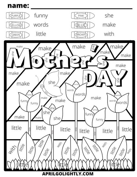 Celebrate the holiday with this free Mother’s Day Coloring Sheets for your kids to keep them entertained and learning something at the same time. They will LOVE this sight word coloring sheet! Mother’s Day Work Sheet, Sight Word Worksheets Free, Mothers Day Coloring Sheets, 1st Grade Crafts, Frog Coloring, Sunday Ideas, Primary Activity, Yellow Words, Sight Word Coloring