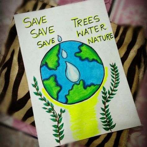 Poster on save tree and water Save Nature Poster Environment, Water Conservation Poster, Save Environment Posters, Save Water Poster Drawing, Save Water Poster, Environmental Posters, Earth Drawings, Education Poster Design, Kids Canvas Art