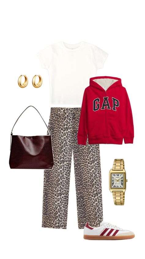 Gap hoodie, Leopard pants, Baby tee, Burgundy bag, Adidas Samba, Casio watch Leopard Outfit, Gap Hoodie, Burgundy Bag, Leopard Outfits, Leopard Pants, Back To School Outfit, Back To School Outfits, Baby Tee, Adidas Samba