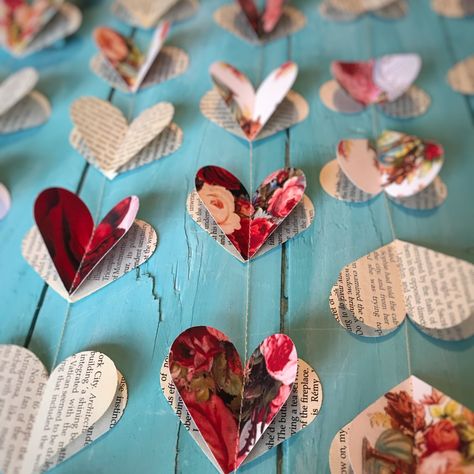 Hearts and book page garland for Valentines! Book Page Heart, Wedding Decor Backdrop, Old English Roses, Decor Backdrop, Valentine Garland, Diy Valentines Decorations, Rose Garland, Heart Garland, Pink Home Decor