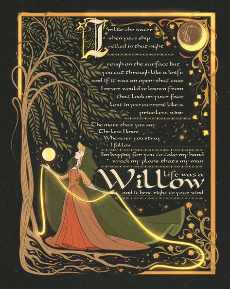 Alef Vernon | Willow - the manuscript 🤎🌿✨️ Willow is one of my favorite songs ever & this is one of my favorite enchanted manuscripts so far 🥹✨️ I hope... | Instagram Alef Vernon, Taylor Swift Art, W.i.t.c.h Fanart, Taylor Swift Posters, Taylor Swift Songs, Taylor Swift Wallpaper, Vintage Poster Art, Taylor Swift Lyrics, Music Wall