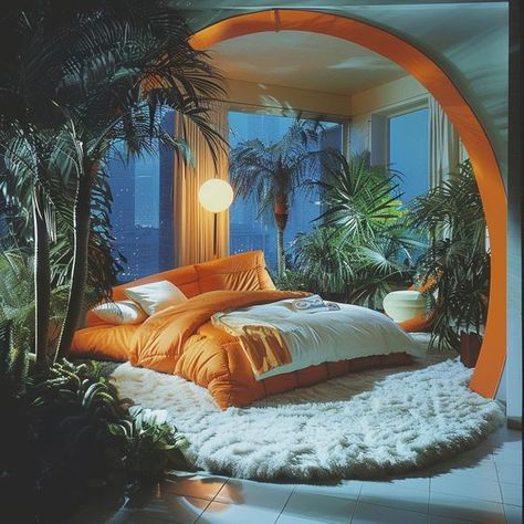 Vintage Miami Interior Design, 80s House Design, 80s Bedframe, Dark 80s Interior Design, 80s Miami Aesthetic Bedroom, 70s Style Bedroom Retro, 80s Miami Decor, 80s Miami Apartment, Orange Retro Bedroom