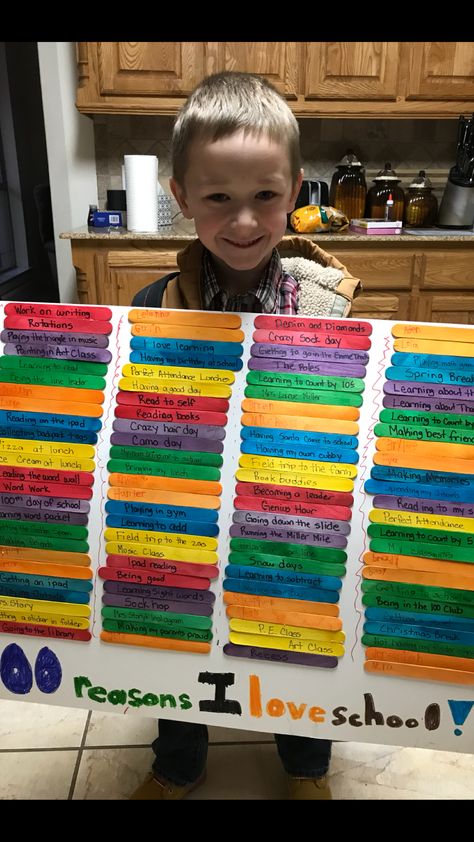 100th day of school project. I bought colored popsicle sticks and hot glued them in groups of 25. Had my son write his classmates names and helped me come up with other ideas! 100th Day Of School Project, 100th Day Of School, School Project, Popsicle Sticks, 100th Day, 100 Days, My Son