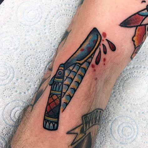 Straight Razor Blade Traditional Forearm Filler Tattoo Design On Man Neo Traditional Gap Fillers, Minimal Traditional Tattoo, Traditional Straight Razor Tattoo, Straight Razor Tattoo, Filler Tattoos For Men, Fill In Tattoo Ideas, Filler Tattoo Designs, Traditional Tattoo Filler, Tattoo Fillers