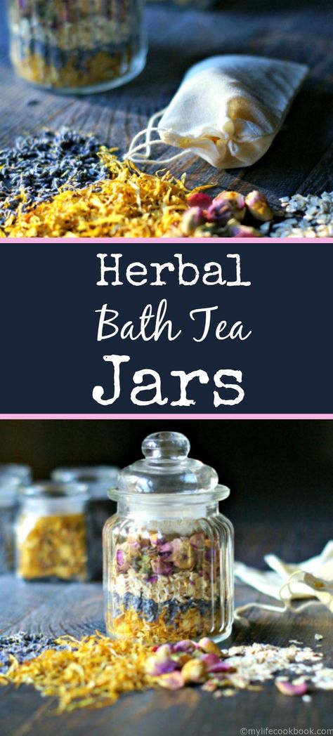 Herbal bath tea jars are both beautiful and useful. Give as a gift or use for yourself as you take a relaxing bath. Tea Baths, Herbal Bath Recipes, Herb Bath, Bath Tea Recipe, Bath Bags, Herbal Bath Tea, Tea Recipes Diy, Tub Tea, Tea Bath