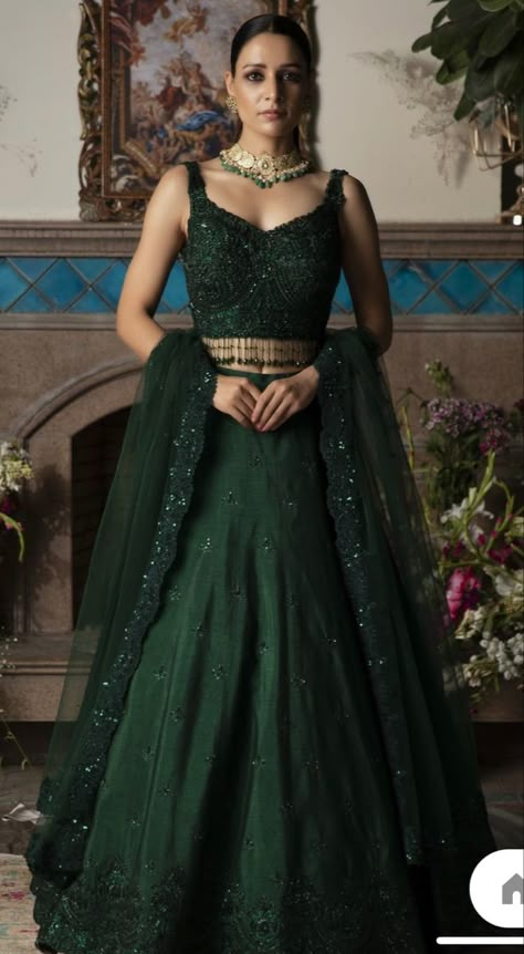 Green Lehengas, Dark Green Lehenga, Indian Reception Outfit, Reception Party Dress, Indian Reception, Satin Lehenga, Bridesmaid Lehenga, Sabyasachi Lehenga, Reception Outfit