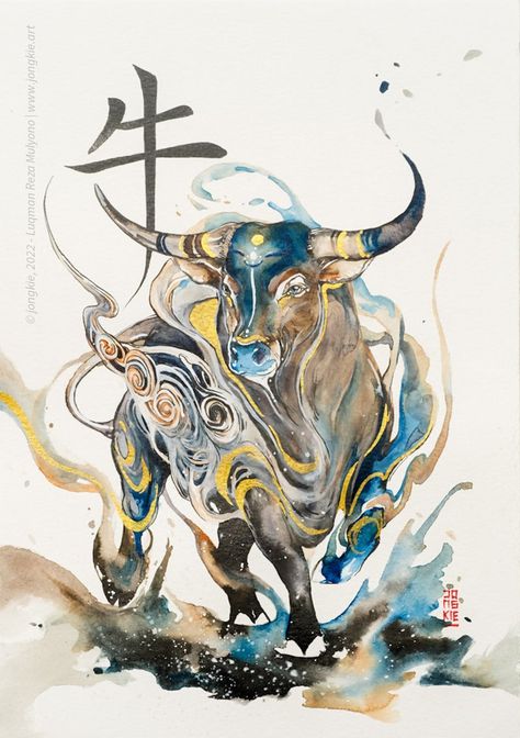 Chinese Zodiac Sign - Ox | artjongkie Chinese Zodiac Tattoo, Ox Chinese Zodiac, Ox Tattoo, Chinese New Year Zodiac, Steampunk Dragon, 12 Cung Hoàng Đạo, Art Deco Artwork, Bull Tattoos, Chinese Astrology