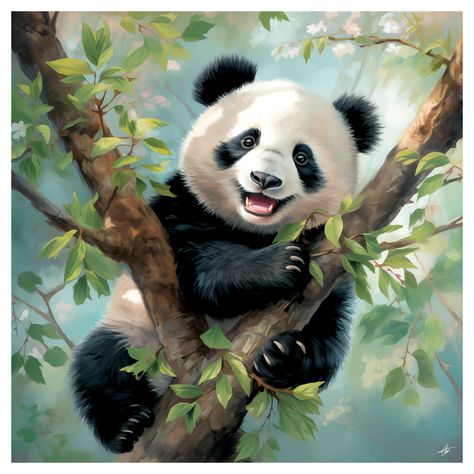 Panda Tree, Panda Bear Art, Climbing A Tree, Animal Canvas Paintings, Horse Art Drawing, Panda Tattoo, Panda Drawing, Happy Panda, Fake Animals