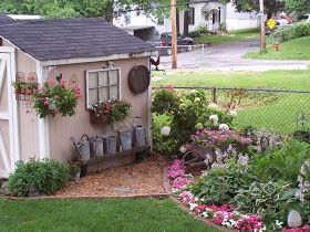 Garden Shed Landscaping, Cottage Shed, Shed Landscaping, Shed Makeover, Shed Decor, Green Houses, Watering Cans, Backyard Sheds, Backyard Shed