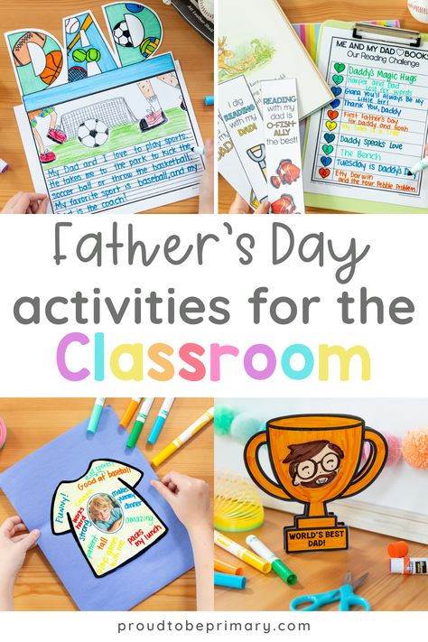 These Father's Day activities are perfect as June approaches. Kindergarten, first grade, and second grade students will love the ideas! Use the crafts, writing prompts, games, activities, printables, surveys, awards, party ideas, and more to celebrate all of the dads, grandfathers, father figures, uncles, fathers, and guardians this year. All of the keepsakes will be cherished for years to come. Kids of all ages will enjoy the party ideas, snack suggestions, group games, and crafts for dads! Father’s Day Crafts For Kindergarteners, Father’s Day Classroom Activities, Classroom Fathers Day Gifts From Kids, Father’s Day Craft From Kindergarten, Fathers Day Gifts Ideas From Students, Fathers Day Classroom Ideas, Fathers Day Gifts Ideas Kindergarten, Prek Fathers Day Craft, Fathers Day School Craft