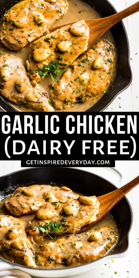 Dairy Free Comfort Food, Chicken Recipes No Dairy, Chicken Dairy Free, Crockpot Dairy Free, Garlic Chicken Recipes Easy, Chicken Recipes Dairy Free, Garlic Sauce For Chicken, Sautéed Chicken, Creamy Garlic Chicken