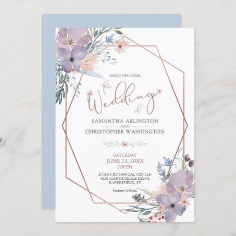 $2.40 | Watercolor Floral Geometric Dusty Blue Wedding #wedding, floral, watercolor, rose gold, terra cotta, dusty blue, geometric frame, boho wildflowers, elegant handwritten script typography, violet purple lilac lavender peach Copper Wedding Invitations, Lilac Wedding Invitations, Terra Cotta Wedding, Geometric Invitations, Rose Gold Wedding Invitations, Dusty Blue Wedding, Black And White Wedding Invitations, Navy Wedding Invitations, Rose Wedding Invitations