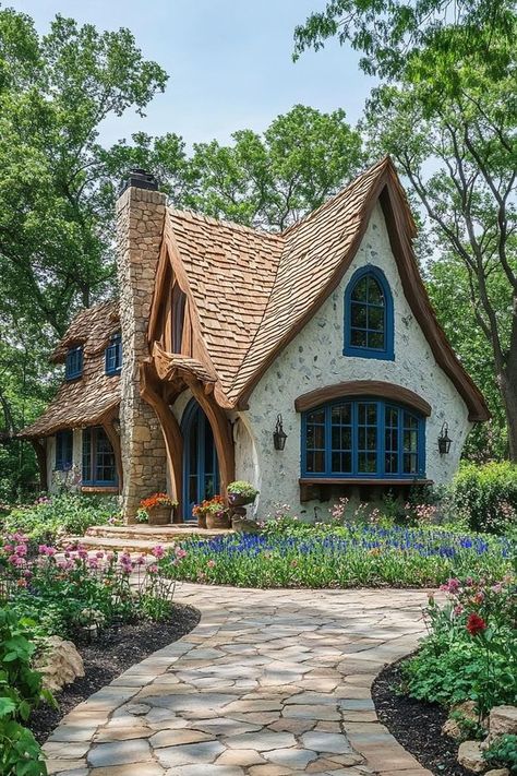 Dream Cottages & Gardens | The Whimsical Woodland Wonder.. | Facebook Woodland Cottage Garden, Whimsical House Exterior, Cozy Cottage Exterior, Wooden Shingles, Sims 4 Cottage, House Structure, Whimsical Houses, Woodland Cottage, Storybook Homes