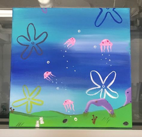 Spongebob Flowers Painting, Spongebob Sky Painting, Spongebob Background Painting, Ceiling Tile Painting Ideas School, Dum Sum, Painting Ideas Spongebob, Spongebob Canvas Painting, Spongebob Painting Canvases, Spongebob Sky