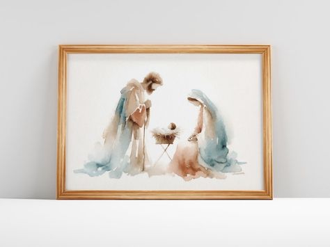 Watercolor Christmas Angels, Christmas Watercolor Nativity, Watercolor Nativity Scene, Nativity Watercolor, Pastel Digital Art, Manger Scenes Nativity, Minimalist Nativity, Watercolor Nativity, Nativity Painting