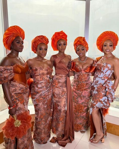 Burnt Orange Asoebi, Nigerian Bridesmaid Dresses, Wedding Bridesmaids Dresses, Nigerian Traditional Dresses, Nigerian Wedding Dresses Traditional, Latest Asoebi Styles, Gele Styles, African Bridesmaids, African Vibes