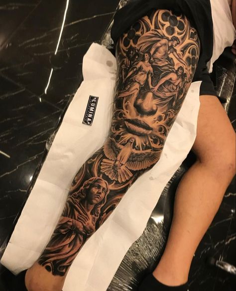 Gangsta Leg Sleeve, 2005 Knee Tattoo, Religious Leg Sleeve Tattoo, Full Leg Sleeve Tattoo Male, Unique Leg Tattoos For Men, Greek Leg Sleeve, Realism Leg Sleeve, Leg Sleeve Tattoo Men Full, Chicano Leg Sleeve