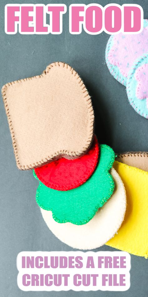 Make DIY felt play food with your Cricut machine and this free SVG file! Easy to make and toddlers will love this pretend food! #cricut #cricutmade #freesvg Felt Fruit And Vegetables Diy Pattern Free, Felt Bread Patterns Free, Felt Dramatic Play Easy Diy, Fabric Play Food Diy, Felt Sandwich Pattern Free, Cricut Felt Food, Felt Bakery Food Free Pattern, Felt Crafts For Toddlers, Cricut Toddler Projects