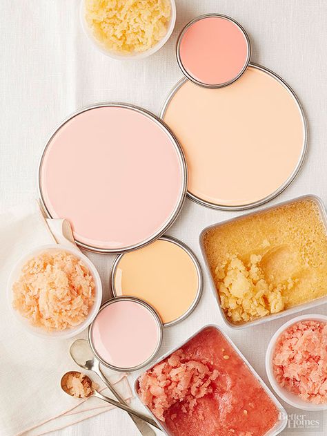 You HAVE to take a peek at these soft hues! They are as refreshing as their Italian ice dessert namesake. Coral Paint Colors, Deco Pastel, Pink Paint Colors, Best Interior Paint, Trending Paint Colors, Italian Ice, Paint Color Palettes, Pink Paint, Interior Paint Colors