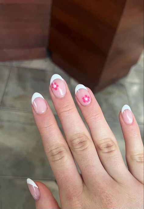 Summer nails, spring nails, nails 2023, simple nails, flower nails, pink nails, white french tip nails, pink nails, subtle pink nails, vacation nails, spring break nails, nail inspo, #nails #summernails #springnails #springbreak #summerstyle #flowernaildesigns #2023 #naildesign #nailinspiration . summer nails 2023 Holiday Nails Summer 2023 French Tip, Summer Nails 2023 White And Pink, Short Acrylic Nails Almond Y2k, White With Pink Flower Nails, Simple Spring French Tip Nails, Short Summer Vacation Nails, Cute Flower French Tip Nails, Vacation Nails Pink And White, Light Pink With Flowers Nails