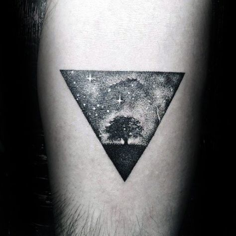 Night Sky With Tree And Stars Mens Simple Triangle Arm Tattoo Night Sky Tattoos, Simple Tree Tattoo, Triangle Tattoo Design, Sky Tattoos, Night Tattoo, Circle Tattoo, Galaxy Tattoo, Triangle Tattoos, Tree Tattoo Designs