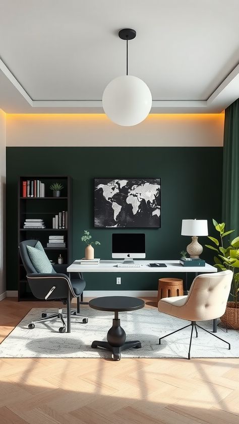 Transform your workspace into a sophisticated dark green office library with rich green walls, built-in shelves, and vintage decor accents. Dark Green Office Decor, Dark Green Office Ideas, Dark Green Home Office, Green Office Walls, Dark Green Home, Dark Green Office, Home Office Walls, Green Office Decor, Green Home Office