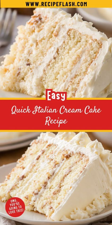 Whip up a Quick Italian Cream Cake Recipe for a delightful addition to your dessert table! This rich, flavorful cake is layered with creamy frosting and topped with nuts. Ideal for celebrations or a sweet treat, this easy recipe will elevate your dessert game and impress your friends and family! Italian Sweet Cream Cake, Italian Cream Frosting, Cream Cheese Frosting Not Too Sweet, Italian Cake Recipes Easy, Italian Cream Cake From Box Cake, Italian Rum Cake Recipe, Easy Italian Cream Cake, Quick Italian Cream Cake Recipe, Easy Coconut Cake Recipe