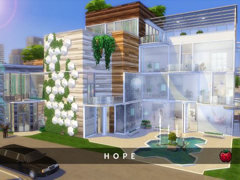 Sims 4 — Hope - Arts Center by melapples — an eco friendly arts center with a little bookstore and a cafe . enjoy! Main Sims 4 Arts Center, Sims 4 Art Center, Sims 4 Museum Build, Sims 4 Art, Sims 4 Cc Furniture Living Rooms, Cc Furniture, Hope Art, Eco Friendly Art, Sims 4 House Design