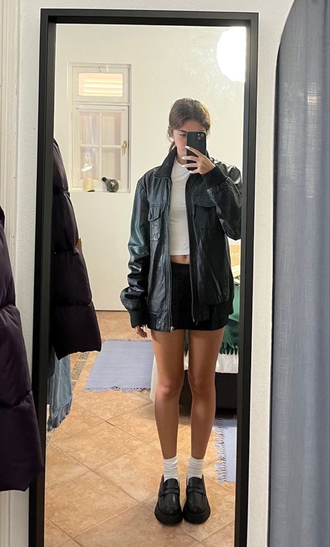 Leather Jacket Jean Skirt, Mac Demarco Concert Outfit, Dress And Oversized Jacket, Idgaf Era, Black Jacket Outfit, Nightout Outfit, Oversized Leather Jacket, Leather Jacket Outfits, Miniskirt Outfits