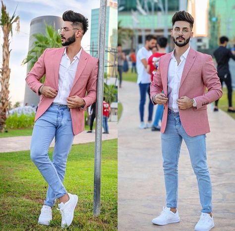 Pink Blazer Outfit For Men, Pink Blazer Outfit Men Wedding, Pink Blazer Outfit Men, Pink Blazer Men, Baby Pink Blazer, Blue Jeans Outfit Men, Pink Blazer Outfit, Pastel Jacket, Made Costume