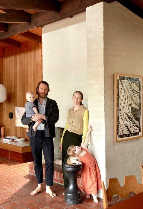 Mid-century meets 'bush modernism' in this Melbourne home Custom Bookshelves, Interior Brick, 1960s House, Brick Interior Wall, Safari Chair, Moody Interiors, Grey Painting, Timber Panelling, Melbourne House