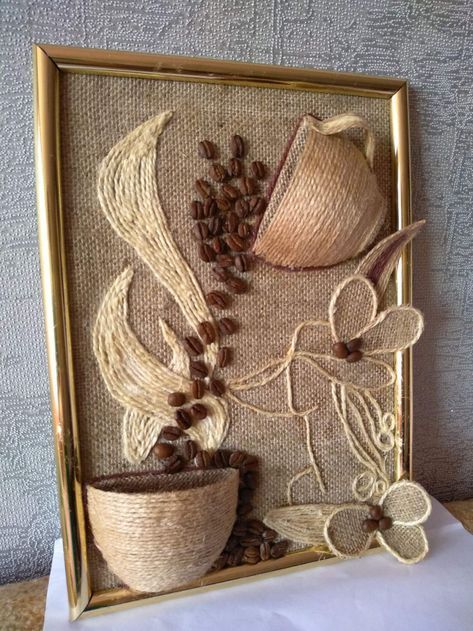 Burlap Crafts Diy, Coffee Bean Art, Jute Flowers, Flower Wall Hanging, Paper Wall Hanging, Jute Crafts, Rope Crafts Diy, Diy Bottle Crafts, Burlap Crafts