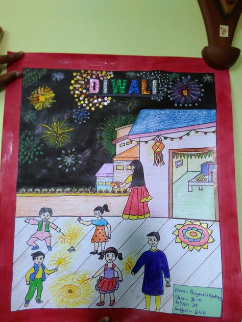 Diwali... One of the famous festival of india Diwali Festival Drawing, Scenery Drawing For Kids, Diwali Activities, Diwali Drawing, India For Kids, Boat Crafts, Creative Birthday Cards, Festivals Of India, Diwali Festival