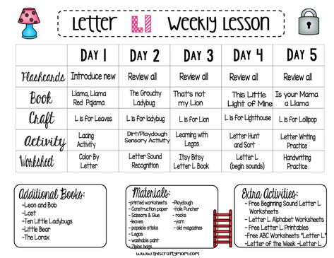 Letter L Free Preschool Weekly Lesson Plan - Letter of the Week (12) - This Crafty Mom Alphabet Lesson Plans, Preschool Weekly Lesson Plans, Daycare Lesson Plans, Daycare Curriculum, Weekly Lesson Plan, Curriculum Lesson Plans, Toddler Lessons, Homeschool Preschool Activities, Lesson Plans For Toddlers